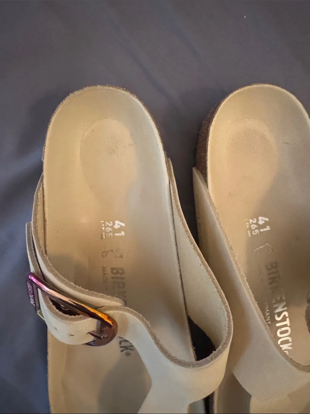 Birkenstock Cream Toe-Post Sandals with Iridescent Buckles size 41